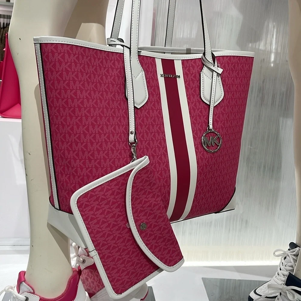 Michael Kors Eva Large Signature Logo Stripe Shoulder Tote Bag Dragonfruit  NWT